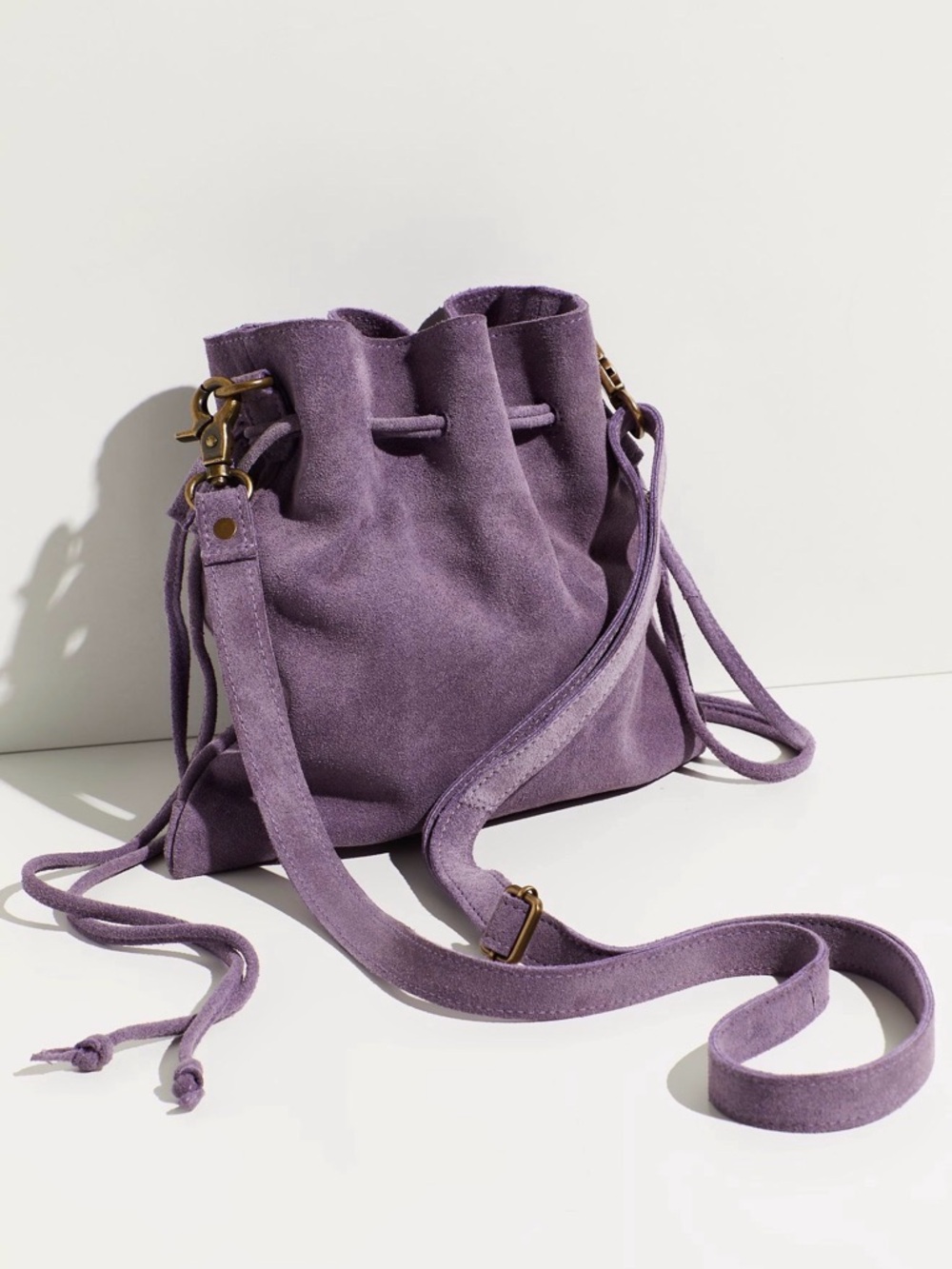Free People Lavender Suede Drawstring Bucket Crossbody